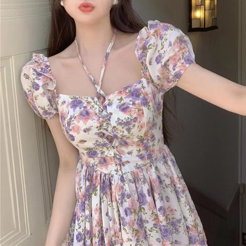 Đầm Chiffon Tay Ngắn Cổ Vuông In Họa Tiết Hoa Thời Trang Mùa Hè Phong Cách Retro Pháp Cho Nữ