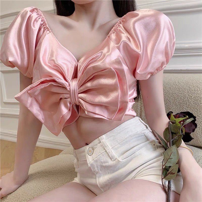 Áo crop tay bồng nơ to sau có bảng chun hàng Qc