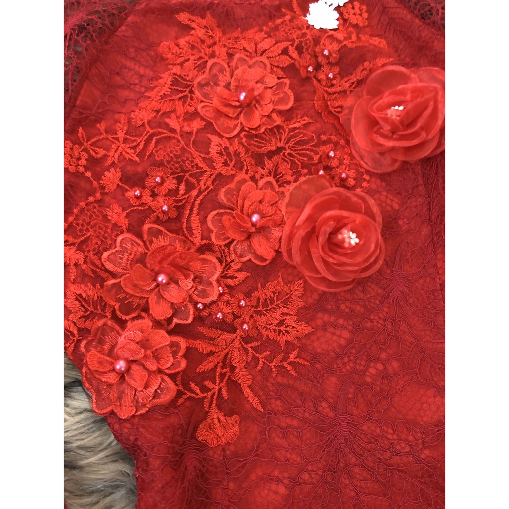 Set áo dài đỏ thêu hoa S881 - Đẹp Shop DVC (Kèm ảnh thật trải sàn do shop tự chụp)