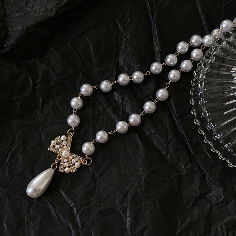 Vòng Cổ Chuỗi Ngọc Trai Giả Nhiều Lớp Đính Nơ Thời Trang Hàn Quốc Cổ Điển