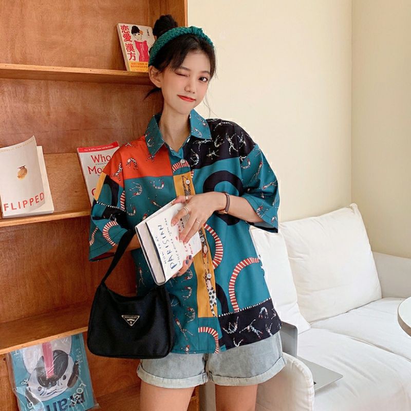 áo sơ mi nữ tay ngắn hàn quốc in họa tiết cực xinh