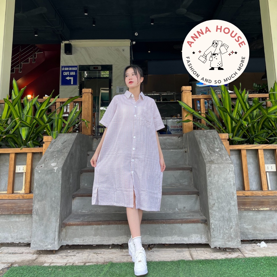 Đầm sơ mi nữ dáng suông dài tay ngắn kẻ sọc chất xốp, váy sơ mi suông dài form rộng kẻ sọc cộc tay xẻ vạt