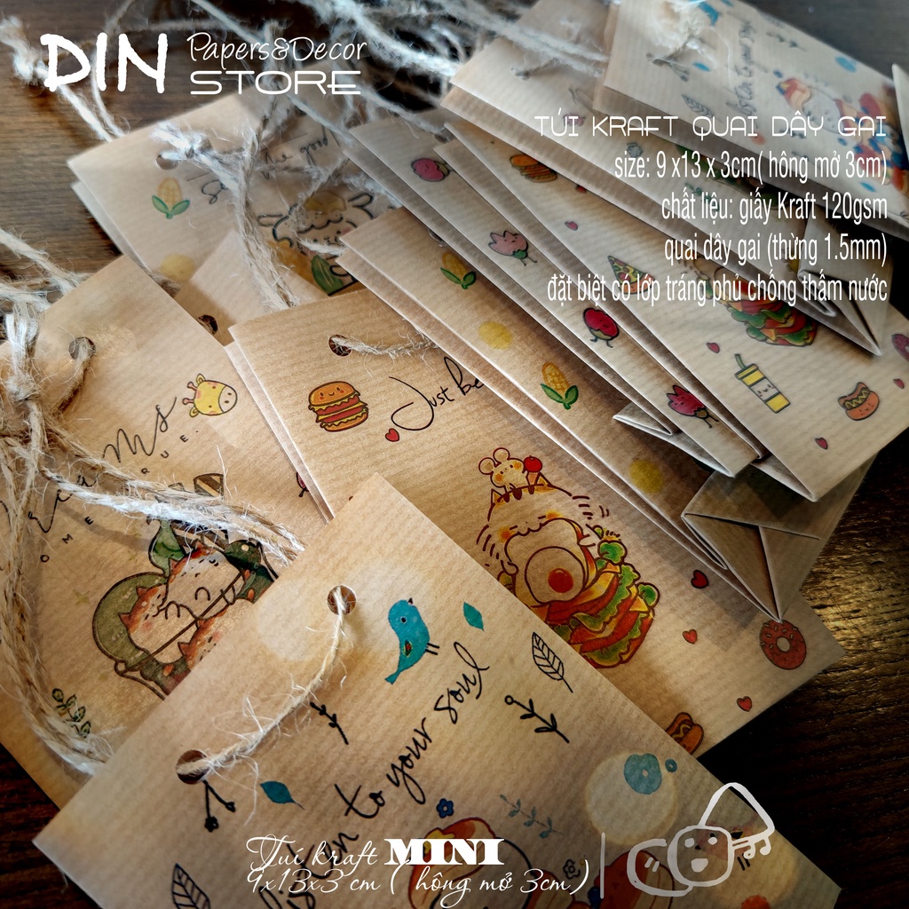 Túi giấy mini kraft Vintage 9x13x3cm quai dây gai - Giỏ quà tặng xinh xắn - DIN Store