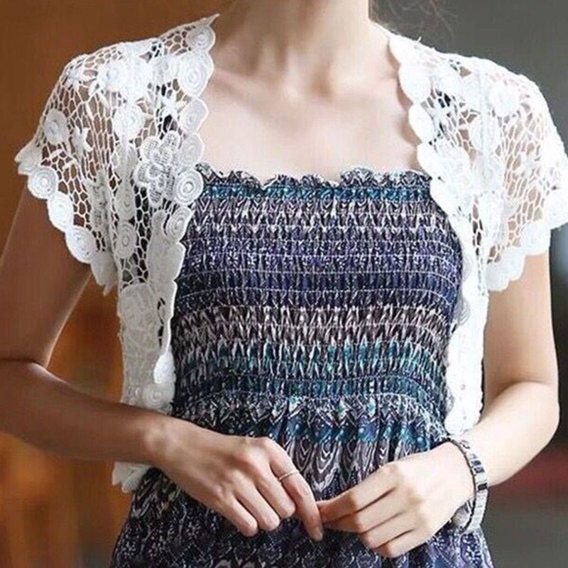 Áo Khoác Cardigan Ngắn Tay Phối Ren Hoa Thiết Kế Rỗng Thời Trang Cho Nữ