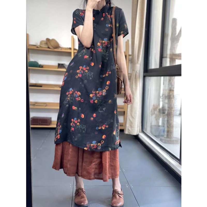 Đầm Sườn Xám Cách Tân Vải Lanh Cotton Tay Ngắn Dáng Dài In Nhãn Hiệu Lớn Kiểu Pháp Xinh Xắn Cho Bạn Gái