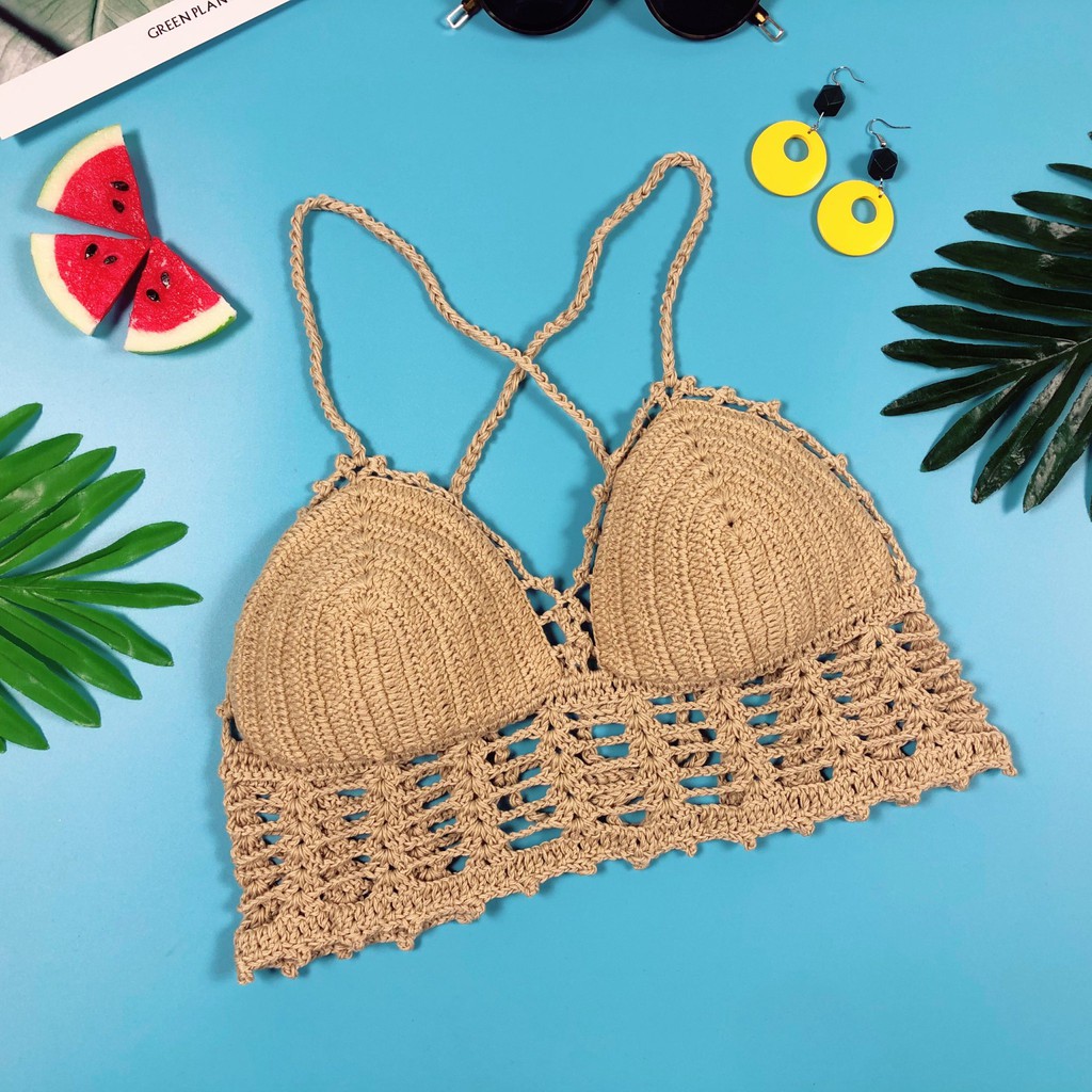Bikini áo yếm len móc nude mặc đi biển đi chơi