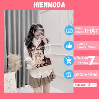 Áo gile nữ form rộng hình mèo cải viền . Áo gile len nữ Hàn Quốc