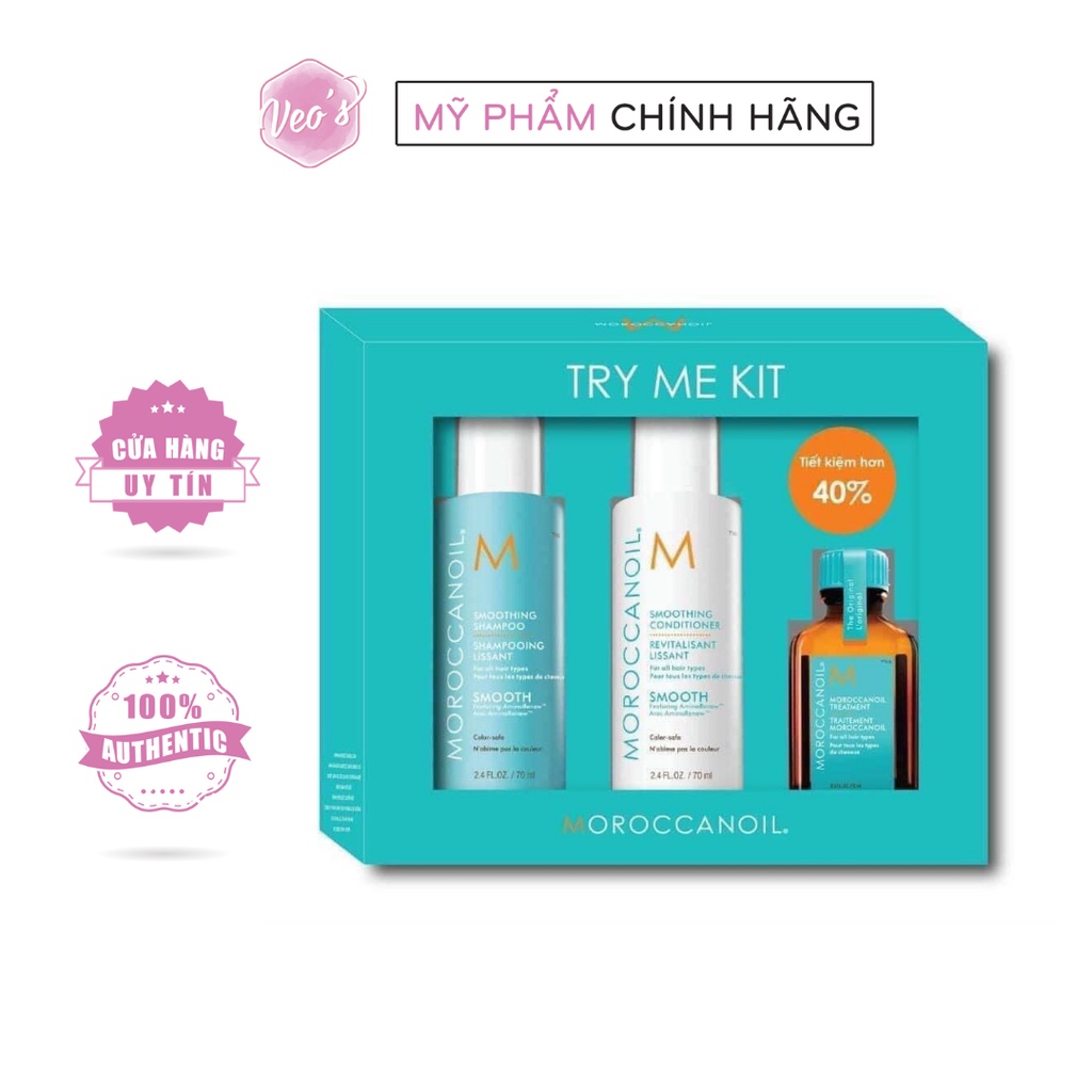 Set gội xả dưỡng tóc Moroccanoil Try Me Kit (Gội 70ml + Xả 70ml + Tinh dầu 15ml)