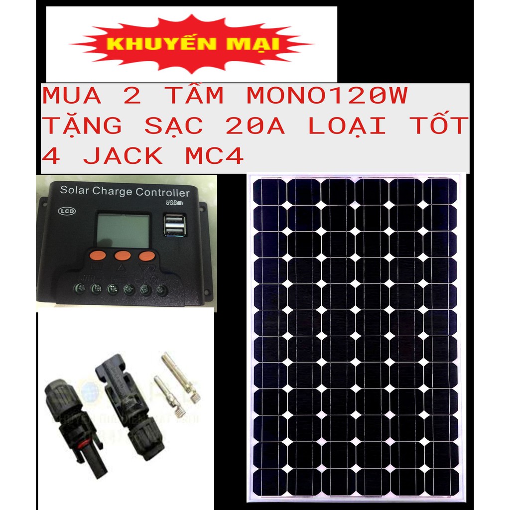 2 tấm pin năng lượng mặt trời MONO 100w tặng sạc bình ắc quy + 4 đầu gim điện: đực, cái
