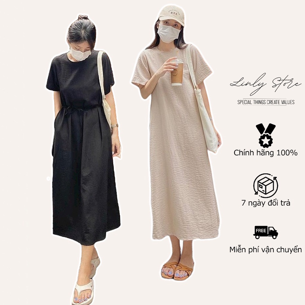 Váy Nữ Dáng Suông Dài Vintage Linly Store Thắt Eo Form Rộng V - Ts