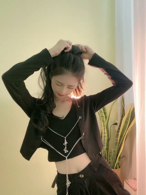 (Sẵn S) Áo thun cardigan croptop phối xích bươm bướm phong cách ulzzang trẻ trung cá tính