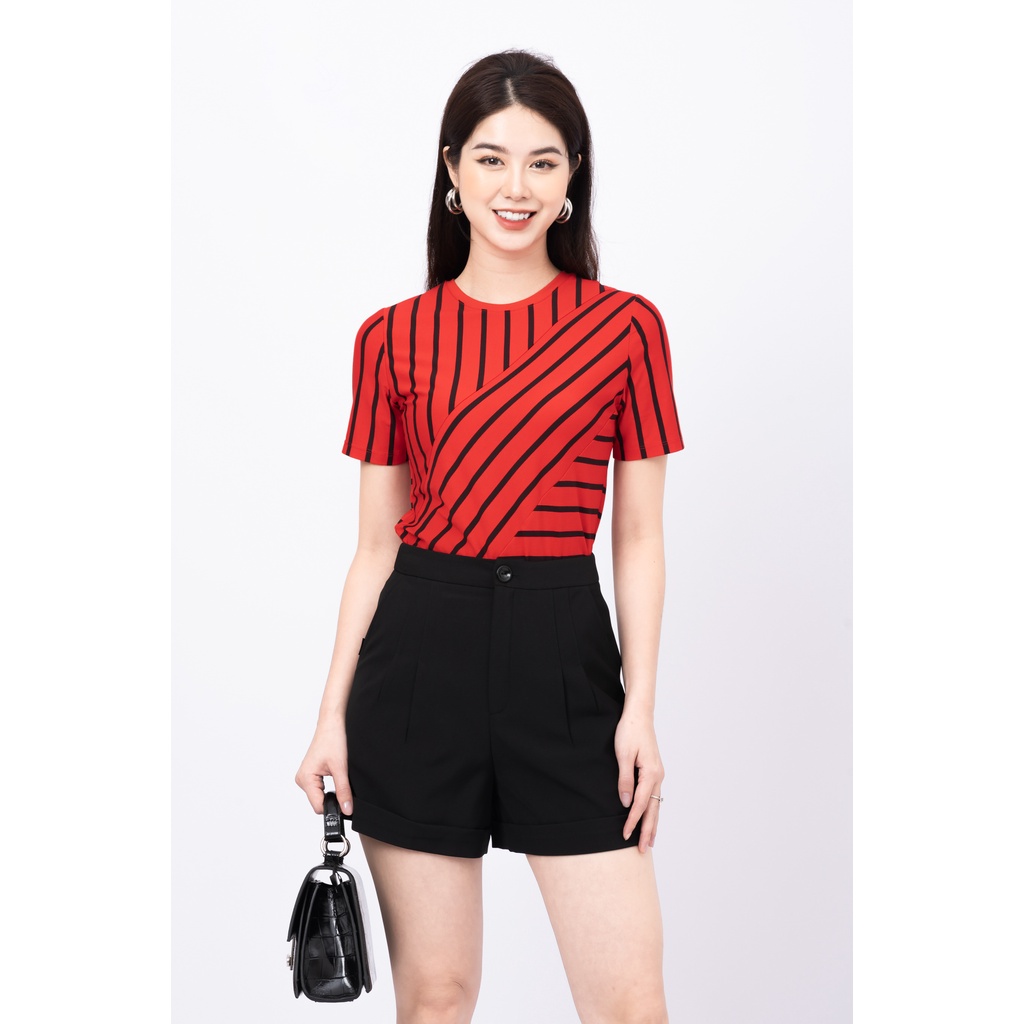 Áo thun nữ, cổ tròn in họa tiết kẻ - F521190