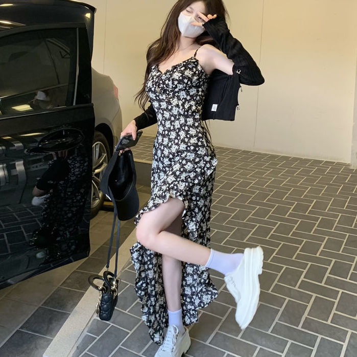 Set Áo Khoác cardigan + Đầm Hai Dây Xẻ Tà In Hoa Thời Trang Mùa Hè Cho Nữ