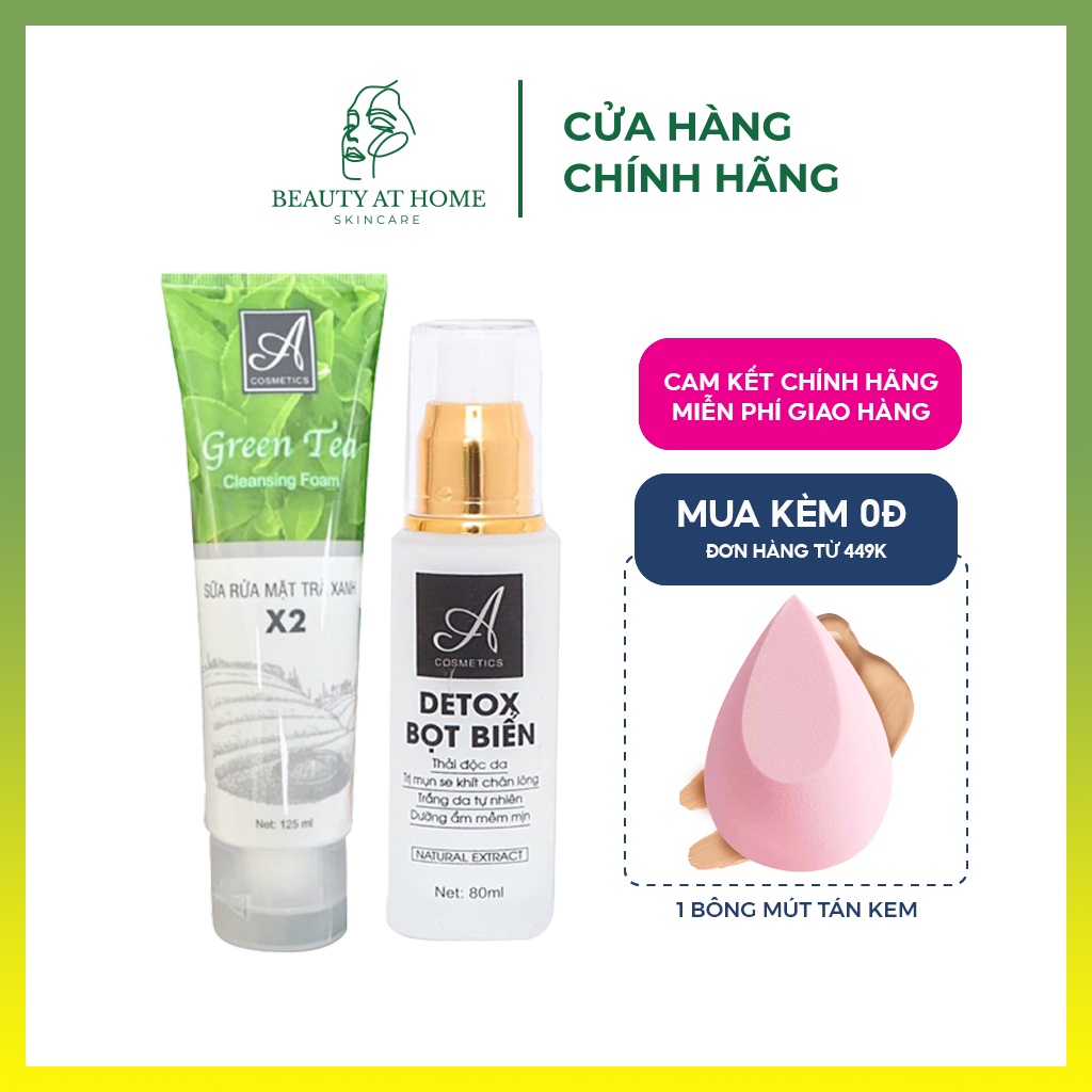 Bộ combo xóa mụn da mặt tiết kiệm, sữa rửa mặt trà xanh &amp; Detox bọt biển A Cosmetics - Beauty at home