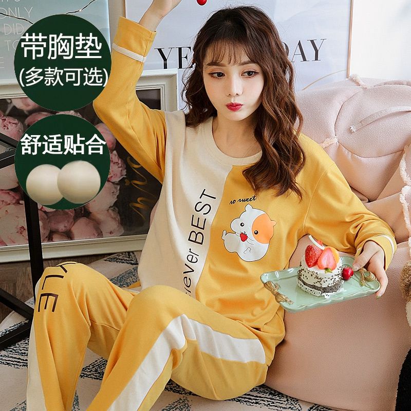 ✵Bộ Đồ Ngủ Tay Dài Có Đệm Ngực Vải Cotton Thời Trang Thu Đông Cho Nữ