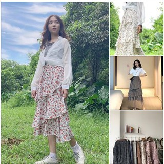 Chân váy hoa nhí đuôi cá midi 3 tầng