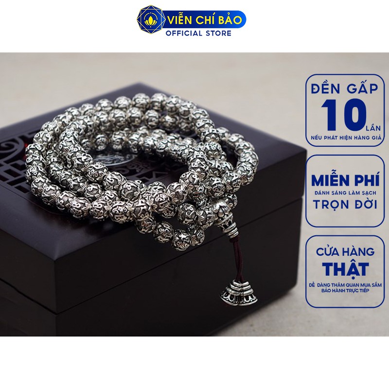 Chuỗi tràng hạt 108 hạt Lục Tự Đại Minh Chân Ngôn chất liệu bạc Thái S925 thương hiệu Viễn Chí Bảo L100609