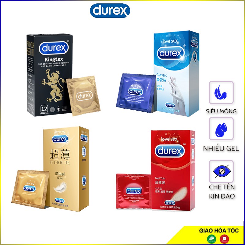 Bao cao su Durex Kingtex 12 bao,  Air 10 bao, Fetherlite 12 bao. Bao siêu mỏng, nhiều gel, mùi thơm.