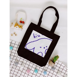 [Hình chụp thật] Túi Tote Túi Vải Leo Canvas Đen Đắp Chó Biu
