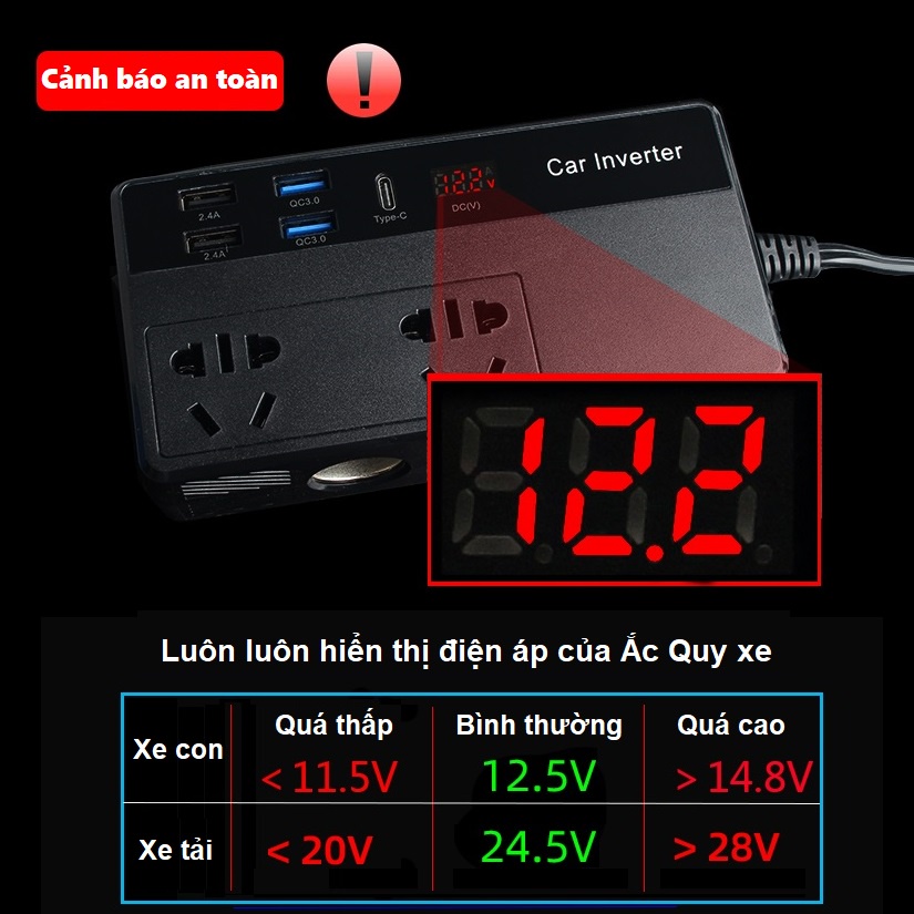 Bộ chuyển đổi điện cao cấp 12V - 220v 200W có dây đầu cắm ô tô có cổng sạc nhanh Usb 3.0