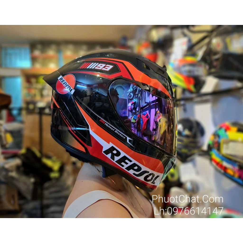 Mũ bảo hiểm Fullface cao cấp M266 đen bóng dán tem Repsol