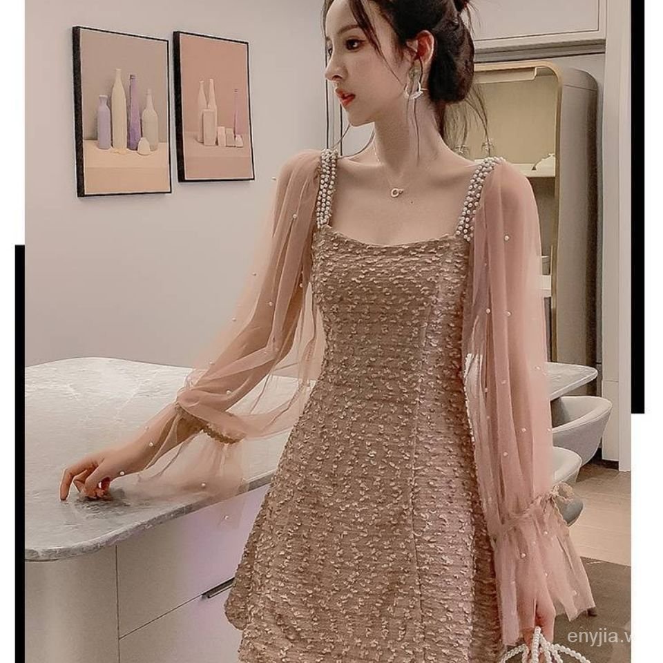CHANEL Đầm tay dài phối lưới ôm eo thời trang mùa thu 2020 cho nữ