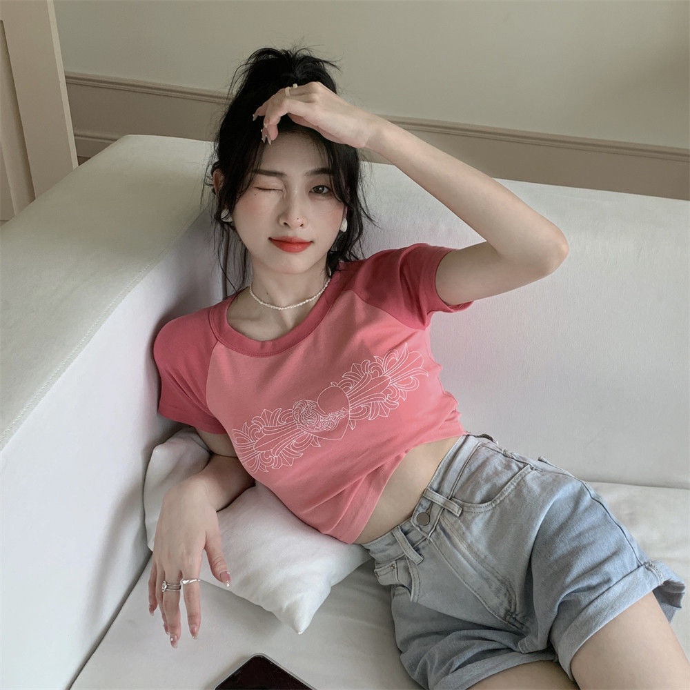 Áo Thun Tay Ngắn Màu Sắc Tương Phản Phong Cách Retro Kiểu Mỹ