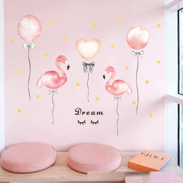 Decal trang trí tường - Bong bóng kèm 2 chú hồng hạc