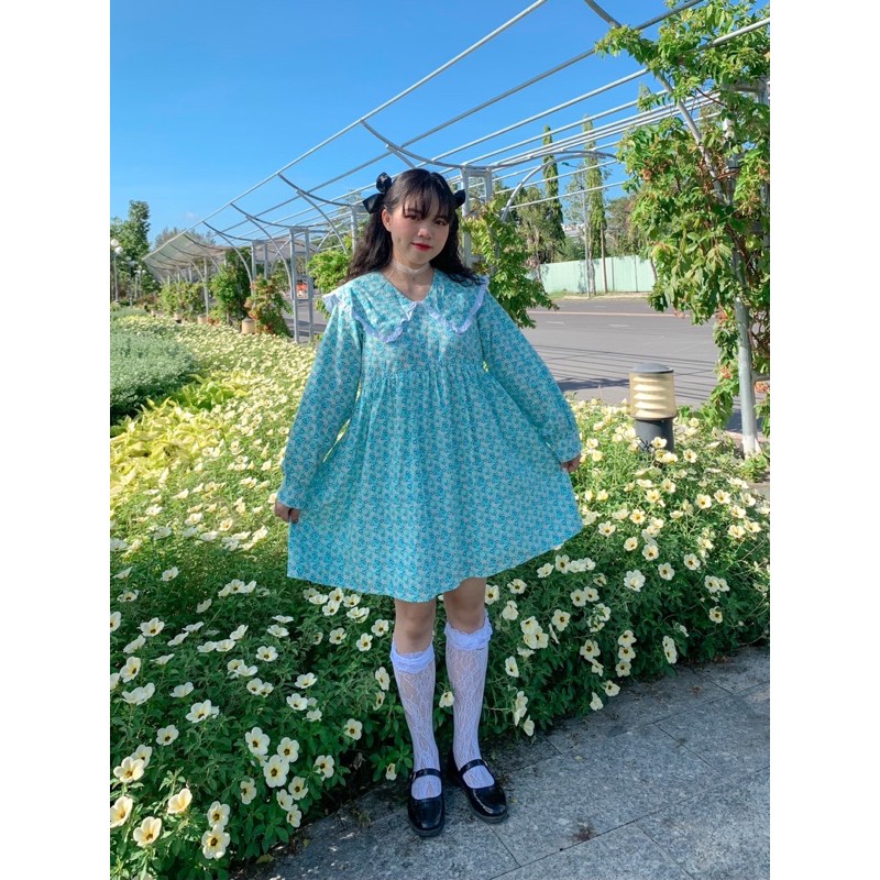 Váy babydoll nữ , Đầm babydoll tay phồng hoa nhí cổ bèo phong cách tiểu thư Ulzzang