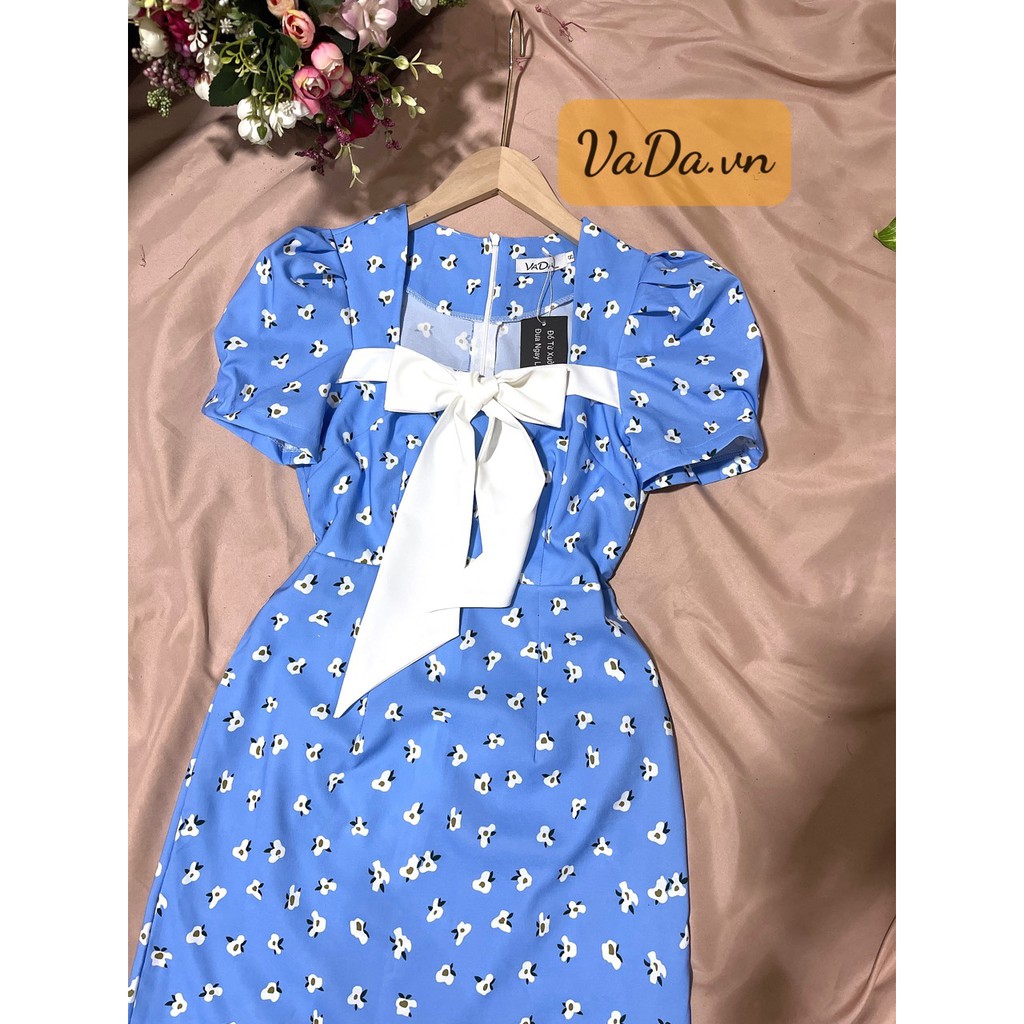 Đầm cổ vuông cách điệu phối nơ siêu iu tay phồng in hoa 3D - Thời trang VADA - Đ38 | BigBuy360 - bigbuy360.vn