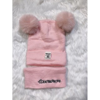 Sét khăn ống kèm mũ len 2 quả bông cho bé MS06_Happybear