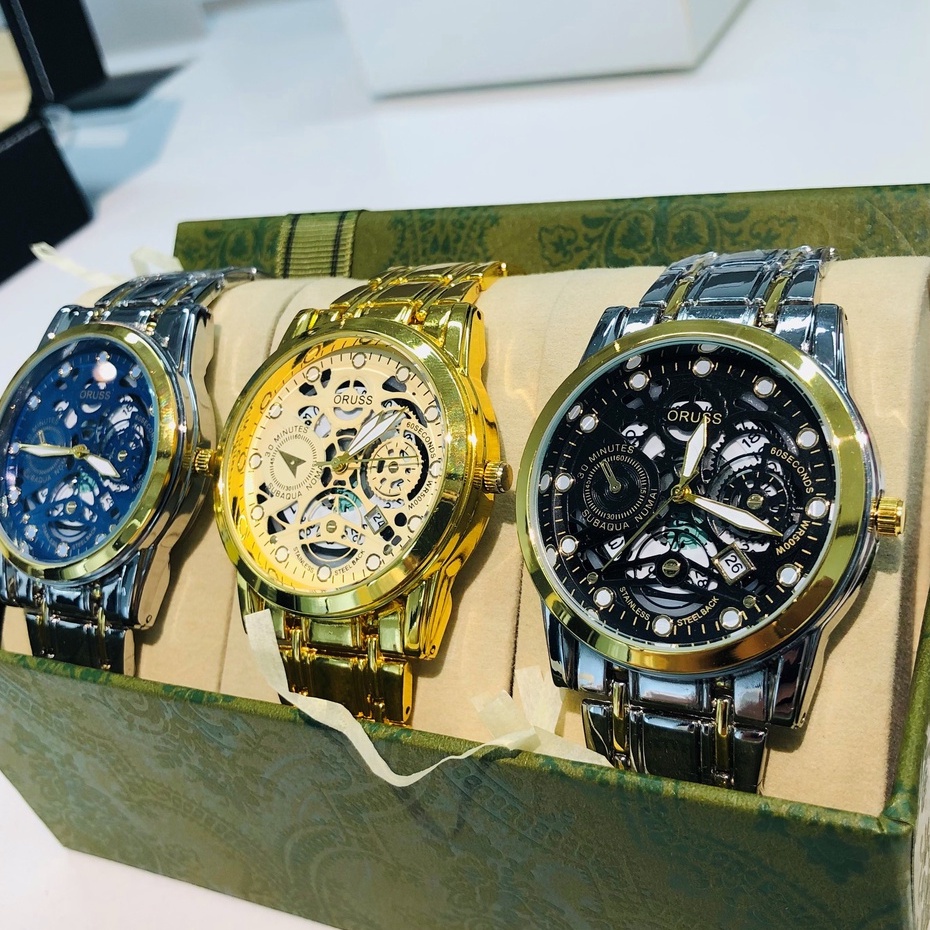 Đồng hồ nam automatic dây kim loại cao cấp màu vàng thời trang lịch chống nước