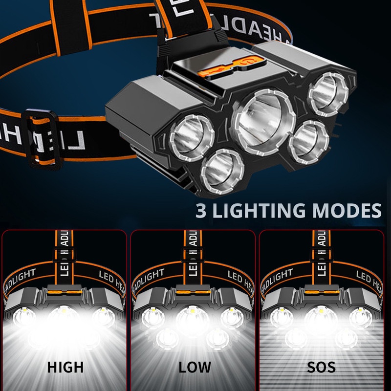 Đèn pin đeo đầu 5 bóng LED sạc USB 4 chế độ chống thấm nước dùng khi chạy bộ/câu cá/leo núi/cắm trại
