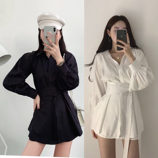 SQ007 - Bộ váy sơ mi có dây thắt eo và quần đùi, áo sơ mi tay bồng phối thắt lưng dài tay, quần sooc chất đũi công chúa