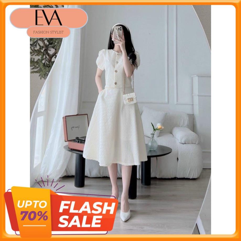 Set váy xòe trắng tiểu thư tay ngắn cài cúc chất liệu xốp hàn giữ form siêu đẹp thiết kế Eva Fashion