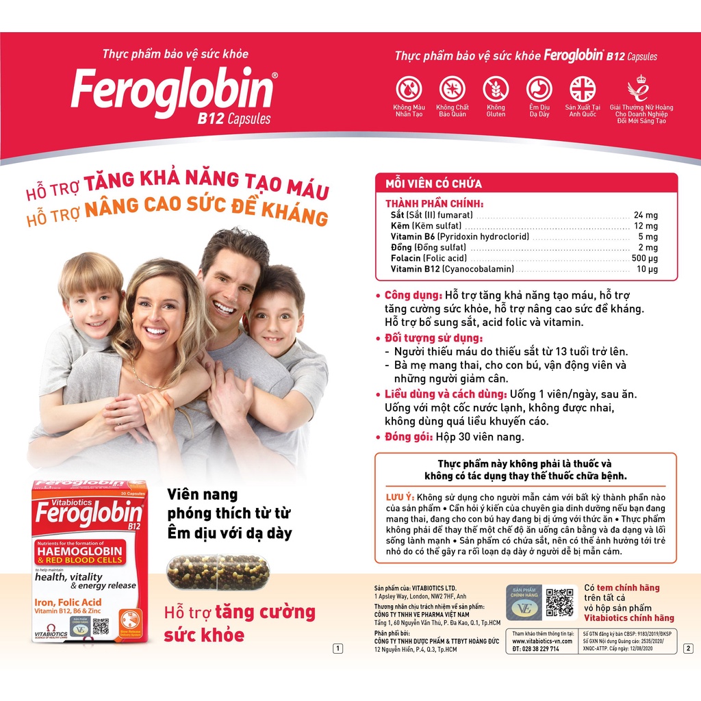 Viên uống bổ máu bổ sung sắt hữu cơ của Anh Quốc Vitabiotics Feroglobin Capsules 30 Viên