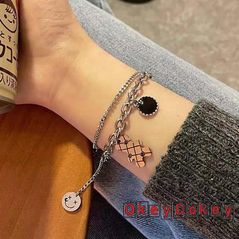 Dây chuyền dáng ngắn hai lớp mặt hình gấu hoạt hình và mặt cười phong cách đơn giản thời trang dành cho nữ