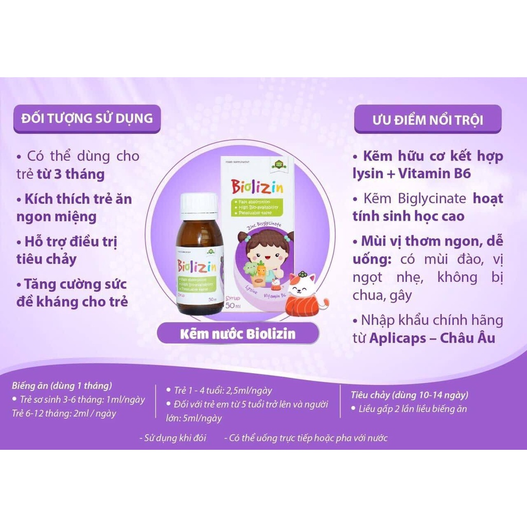 Kẽm biolizin hữu Cơ Lysine B6 Giúp Bé Ăn Ngon Tăng Đề Kháng Bổ Sung Kẽm Chai 50ml