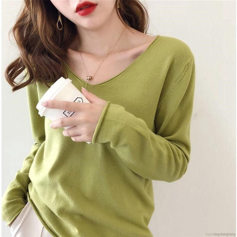 Áo Thun Tay Dài Dáng Rộng Màu Trơn Cổ Chữ V Thời Trang Cho Nữ