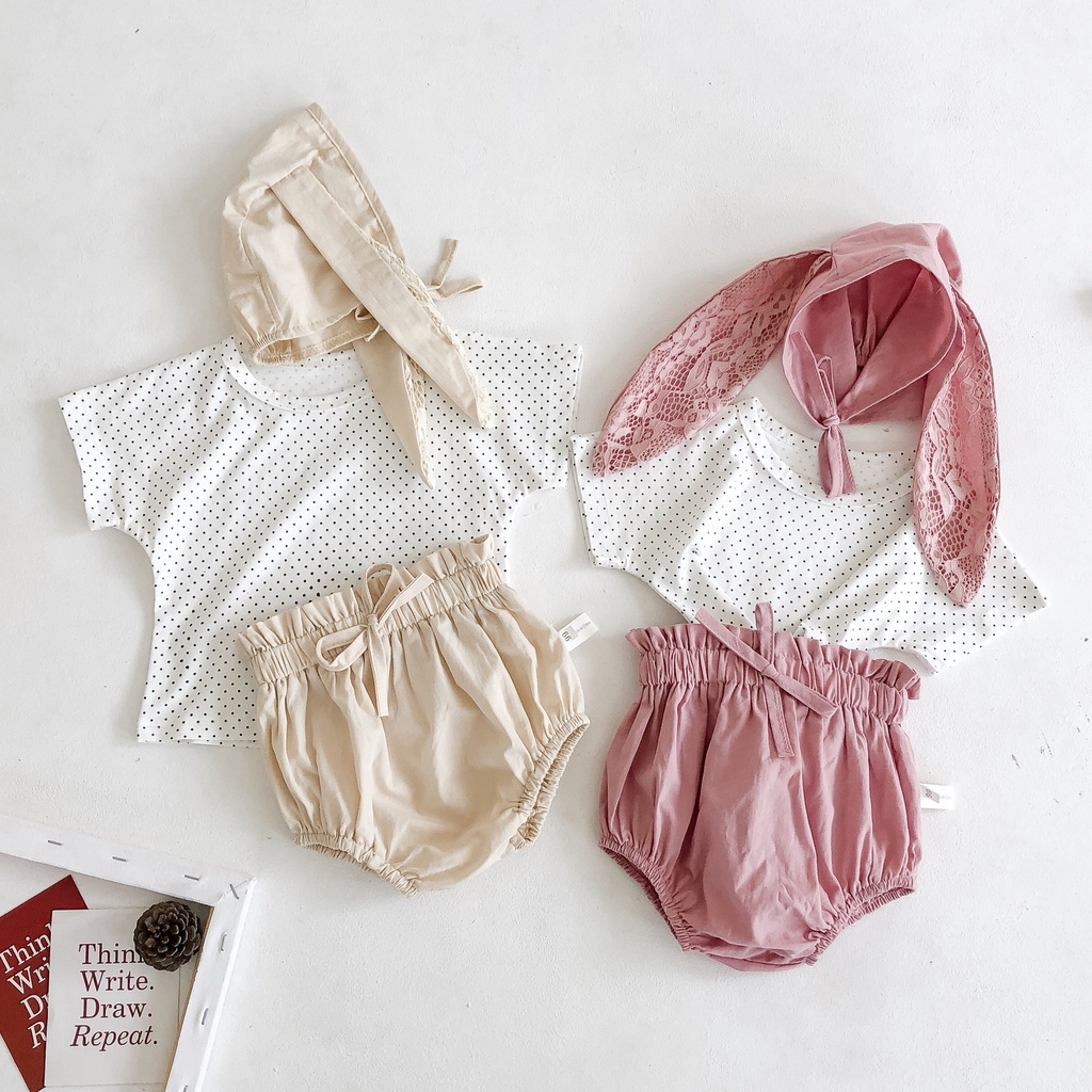 Bộ Áo Thun Chấm Bi + Quần Ngắn + Mũ Tai Thỏ Cho Bé Sơ Sinh