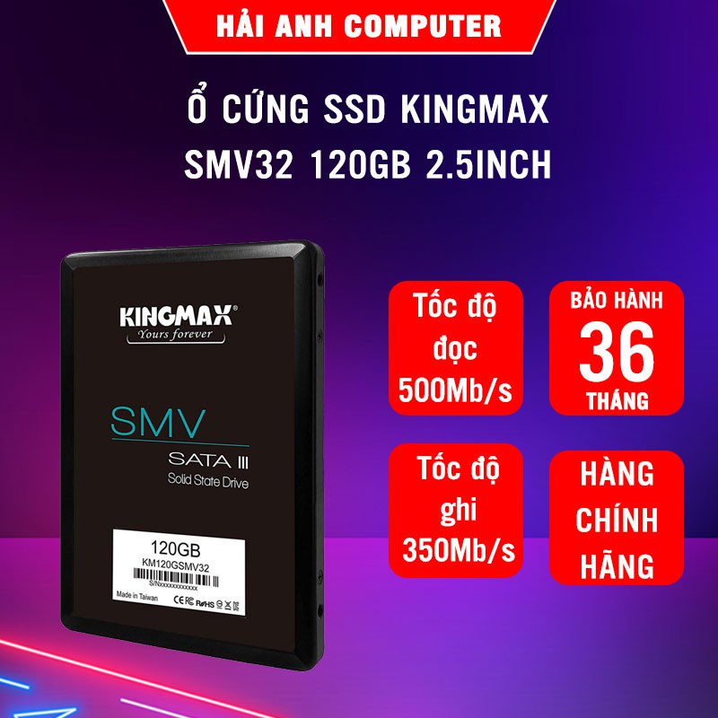 Ổ cứng SSD Kingmax SMV32 120GB 2.5inch | Tốc độ đọc 500Mb/s - Tốc độ ghi 350Mb/s - 3D Nano - Hàng chính hãng