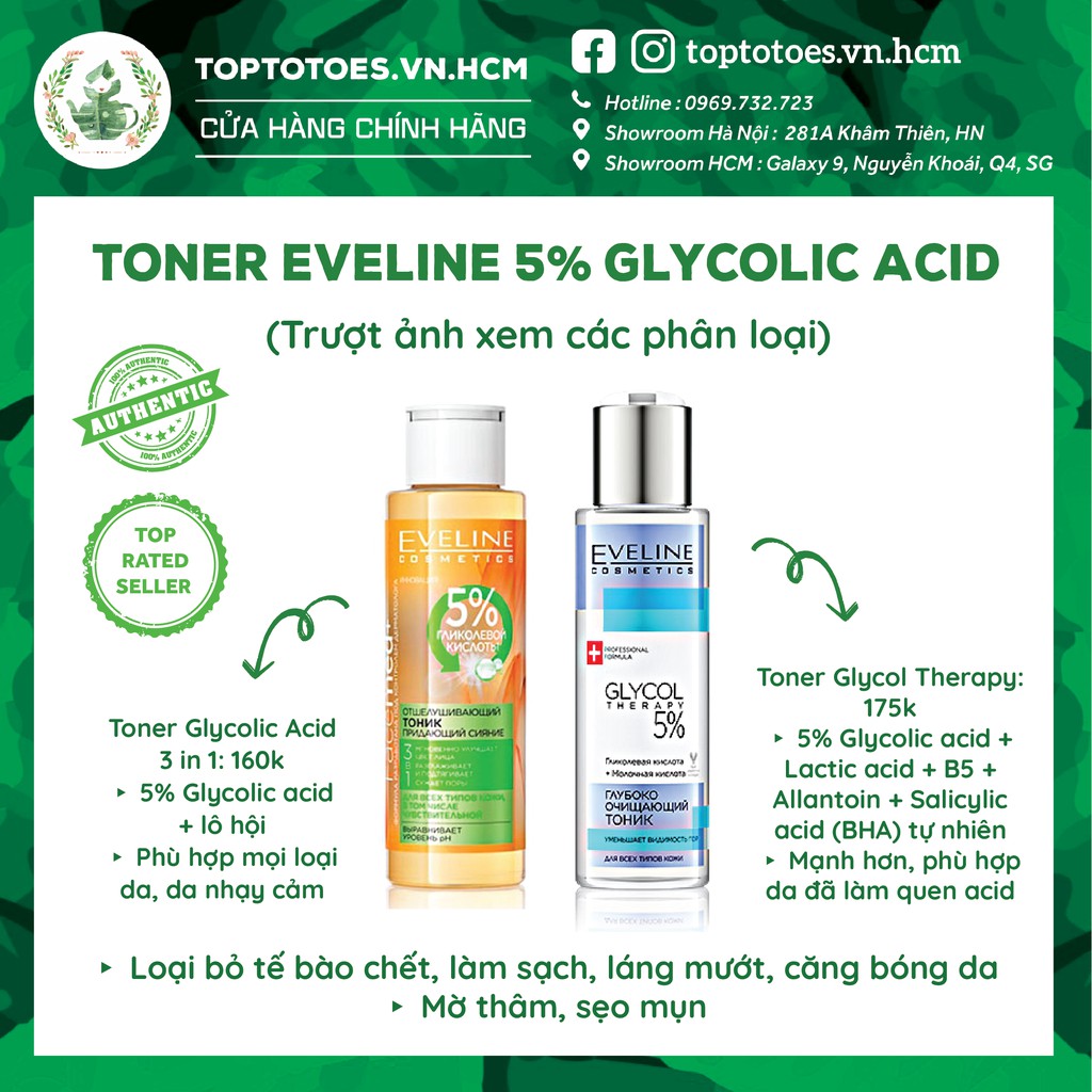 Toner Eveline 5% Glycolic acid tẩy da chết hoá học