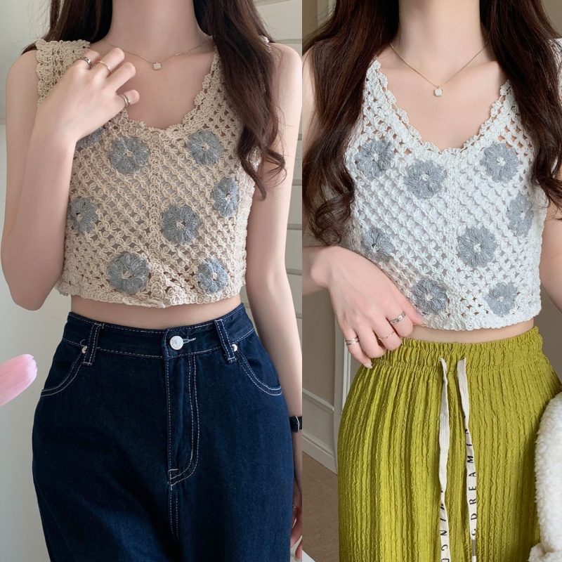 Áo Croptop Dệt Kim Không Tay Cổ Chữ V Thêu Hoa Khoét Rỗng Phong Cách Hàn Quốc Cho Nữ