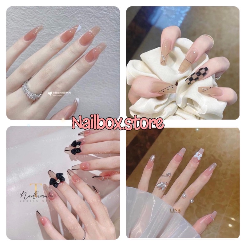 Nailbox thiết kế theo yêu cầu tặng keo và dũa , móng tay giả đính nơ màu thạch phom thang