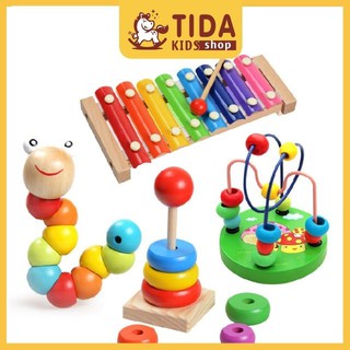 Đồ Chơi Giáo Dục ❤️ Freeship ❤️ Giá Tốt ❤️ Combo 4 Món Đồ Chơi Gỗ: Luồn Hạt + Tháp Cầu Vồng + Sâu Gỗ + Đàn ❤️ TiDa Kids