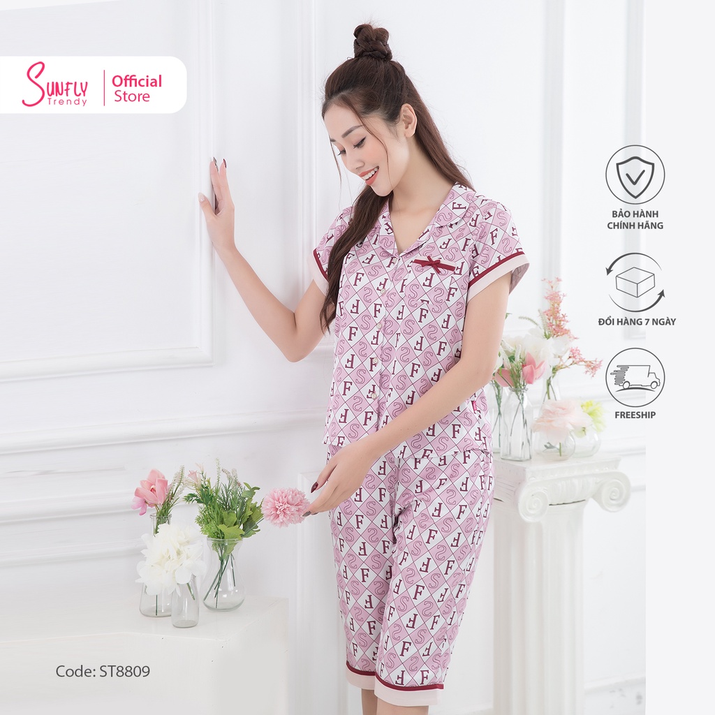 Bộ mặc nhà nữ pijamas lụa Sunfly áo cộc quần ngố ST8809