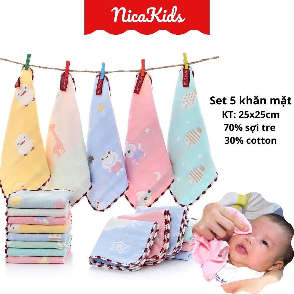 Sét 5 khăn xô LEE LEE rửa mặt 6 lớp sợi tre họa tiết mẫu mới 25*25cm K333