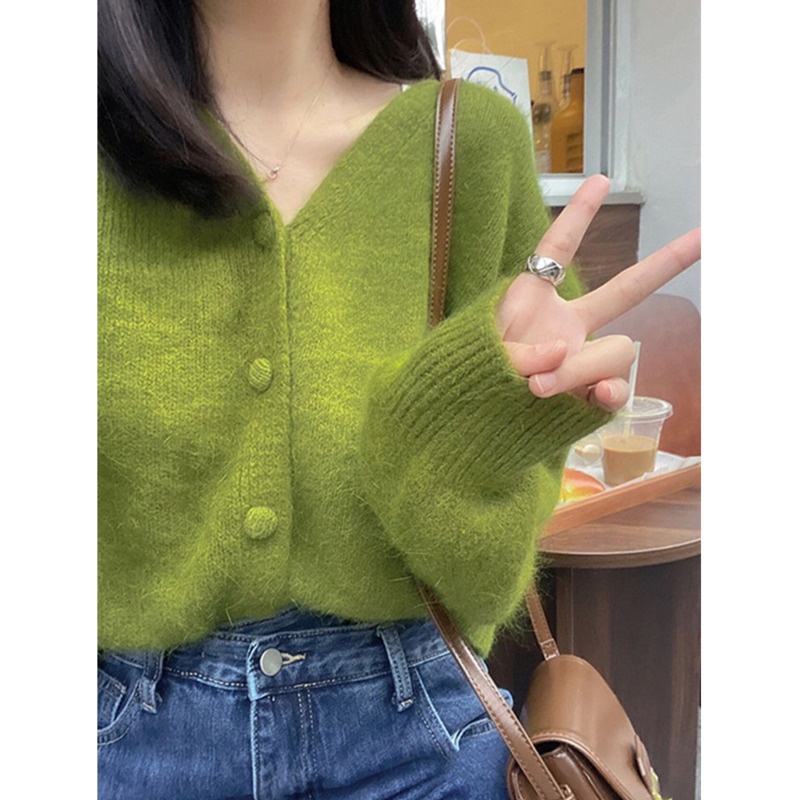 Áo dệt kim RENJIANVSHENG 206852 tay dài màu xanh lá phong cách retro Pháp thời trang cho nữ