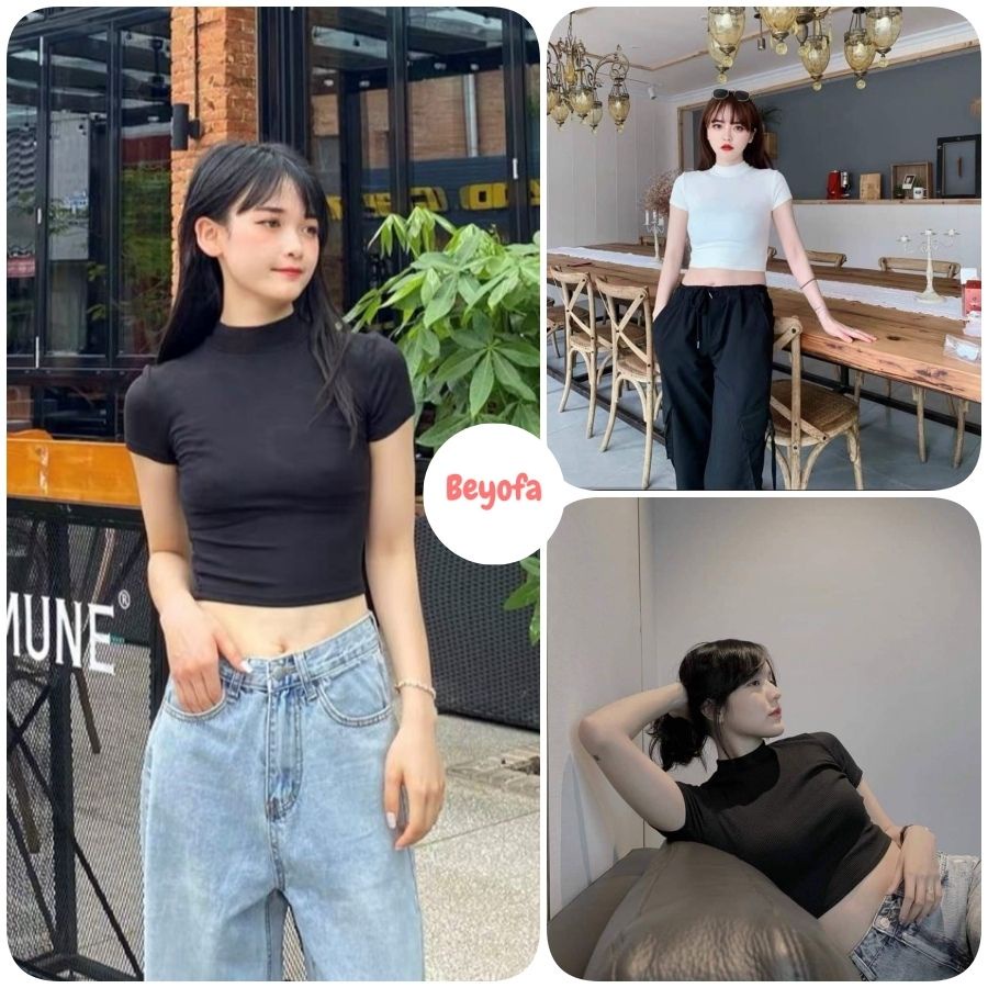 Áo Croptop Nữ Thun Body Cổ 3 Phân Gợi Cảm - Áo Ngắn Trơn Nữ Cộc Tay 2 Màu Đen Trắng