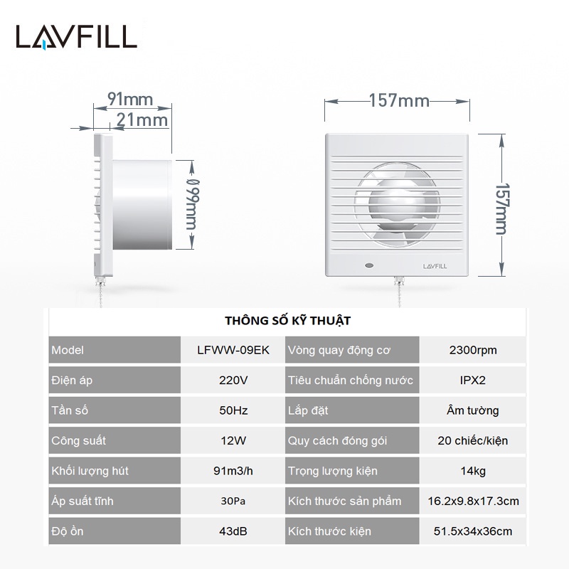 Quạt thông gió âm tường có CẢM ỨNG CHUYỂN ĐỘNG LAVFILL LFWW-09ES/13ES